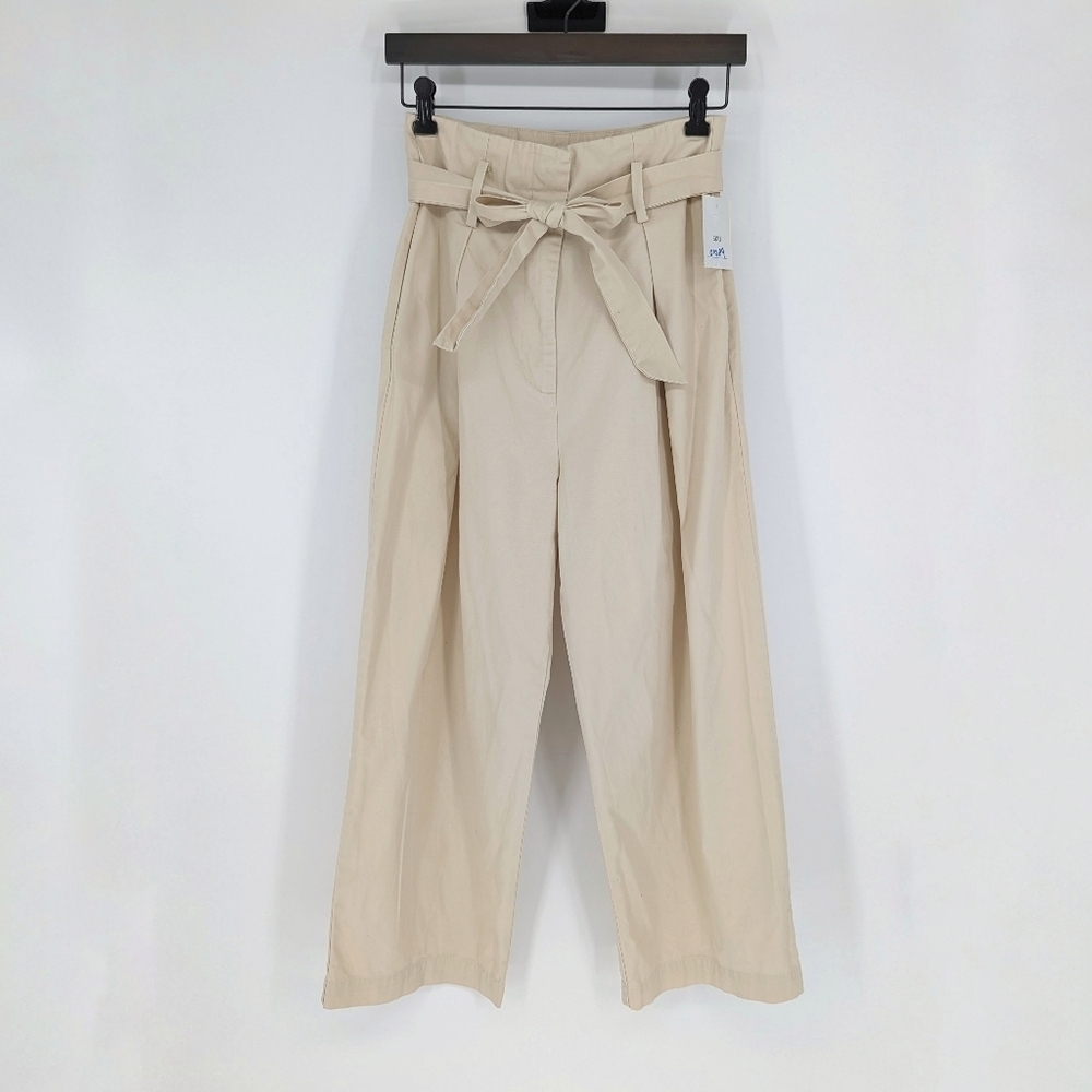 H&M Paperbag Straight Leg Cropped Pant Cream 4 preppy retro hipster Business